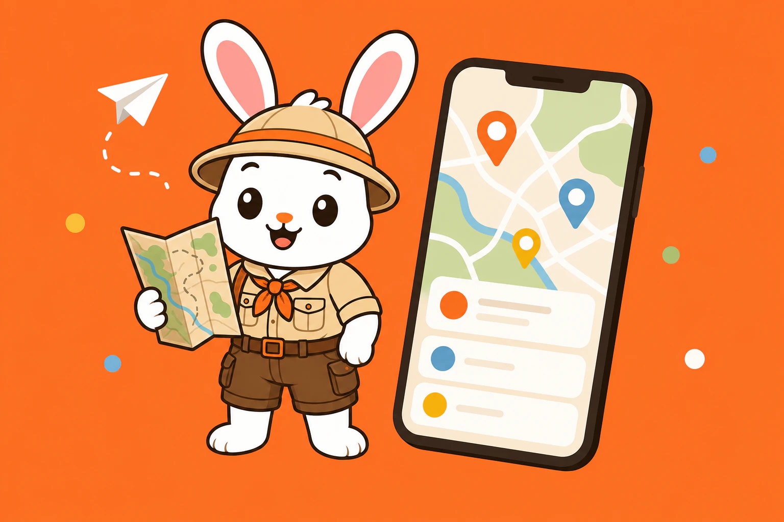 Hops, the white bunny mascot, beside a phone showing the HopSlide travel app
