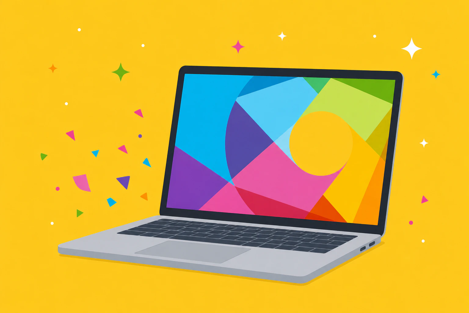 A laptop displaying colorful geometric shapes in the CircleRoll brand style