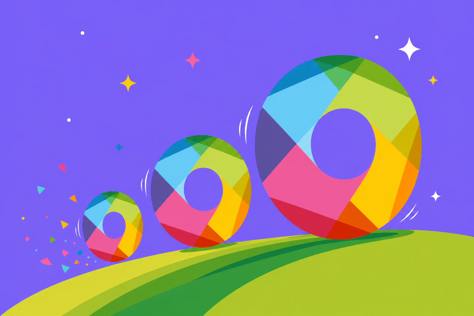Three colorful geometric rings rolling across a hill